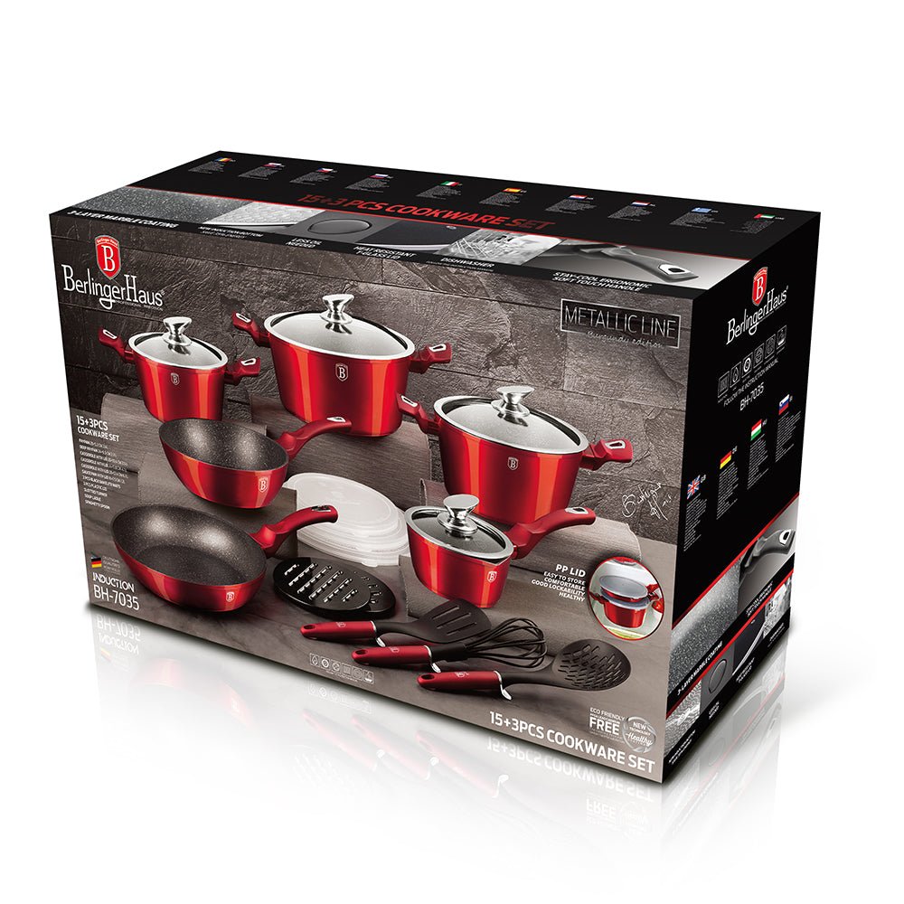 Berlinger Haus 18 - Piece Cookware Set | BH7035 | Metallic Burgundy Collection | Non - Stick & Induction Ready - Hochwertige Küchenprodukte | High Quality Kitchen Product | UrbanHaus